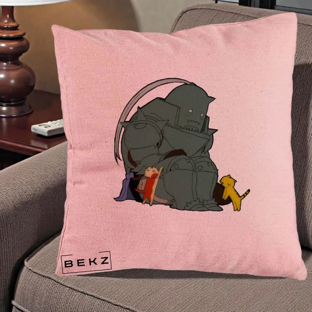 Perna Personalizata Fullmetal Alchemist Alphonse cu Pisici, 40x40 cm, Roz, Husa Detasabila, Perna Inclusa, BEKZ®