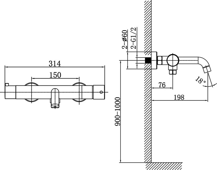 Baterie cada montaj pe perete, crom lucios, din alama sanitara, pipa fixa 19.8 cm, LaVita Verdi Crom