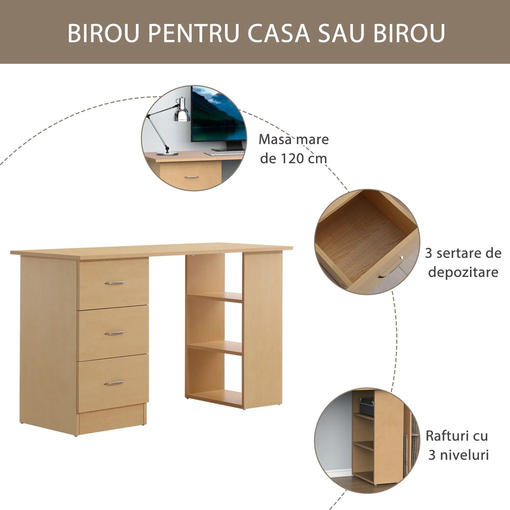 Homcom Birou modern cu 3 Sertare si Rafturi in Lemn Natural 120x49x72cm