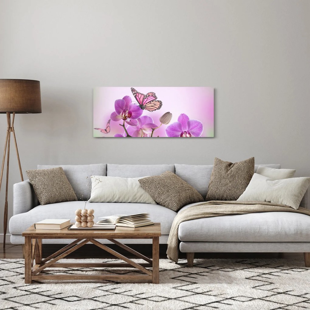 Tablou - Fluture pe flori de orhidee, liliac (120x50 cm)