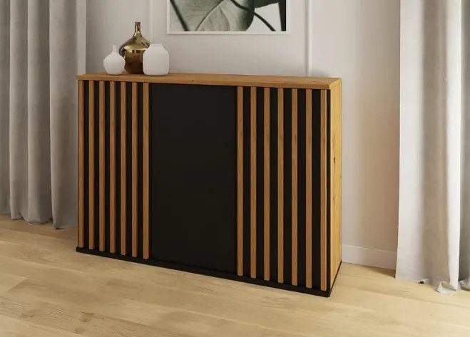 Comoda moderna cu 3 usi, model riflaj, negru stejar artisan, 120x88x44 cm, Bortis impex 120 cm, 44 cm, 88cm, stejar artisan/negru mat