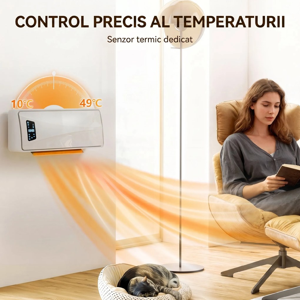 HOMCOM Încălzitor de Perete 2000 W cu 3 Moduri și Telecomandă, Alb | Aosom Romania