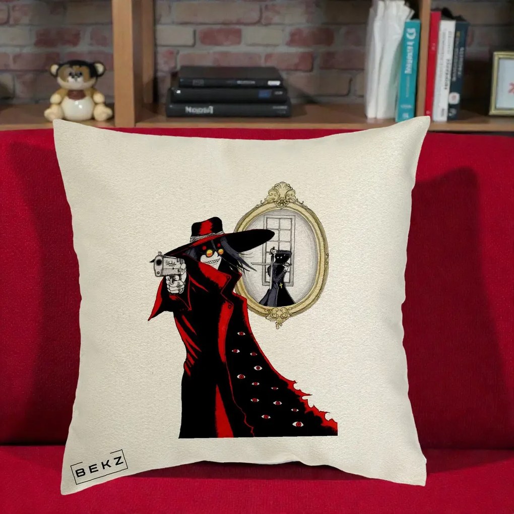 Perna Personalizata Hellsing Alucard cu Pistoale, 40x40 cm, Ecru, Husa Detasabila, Perna Inclusa, BEKZ®