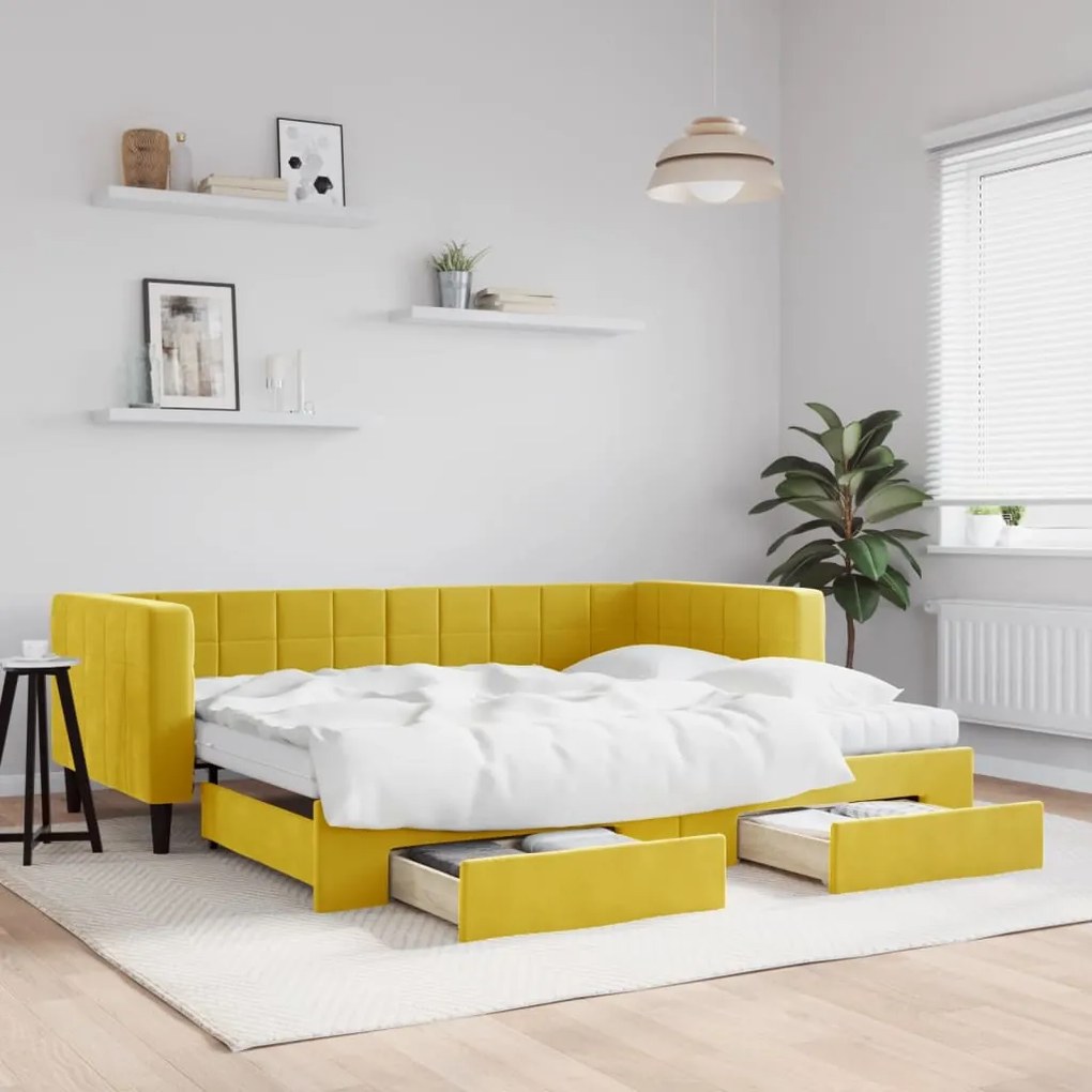 vidaXL Pat de zi cu extensie și sertare, galben, 90x200 cm, catifea