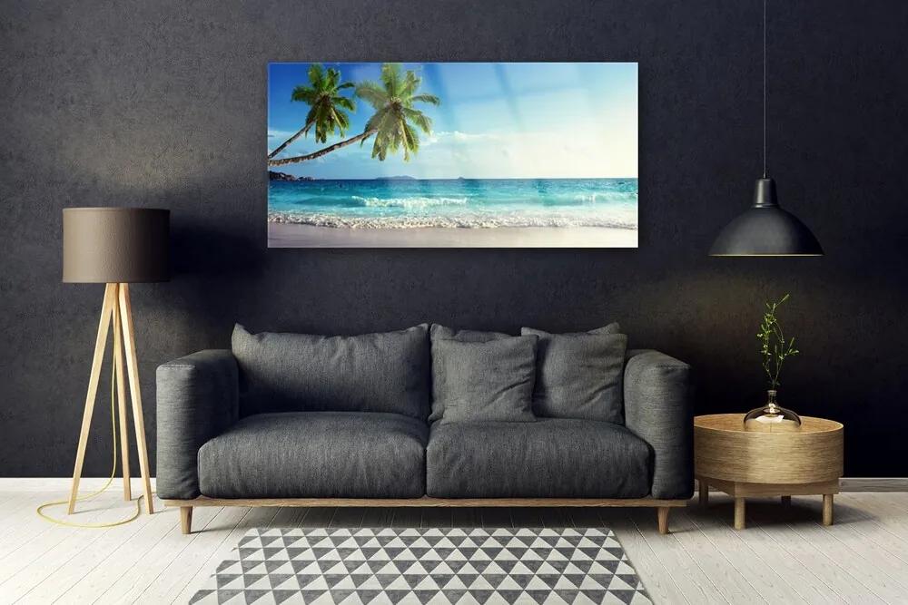 Tablouri acrilice Palm Trees Sea Beach Peisaj Brun Verde Gri Albastru