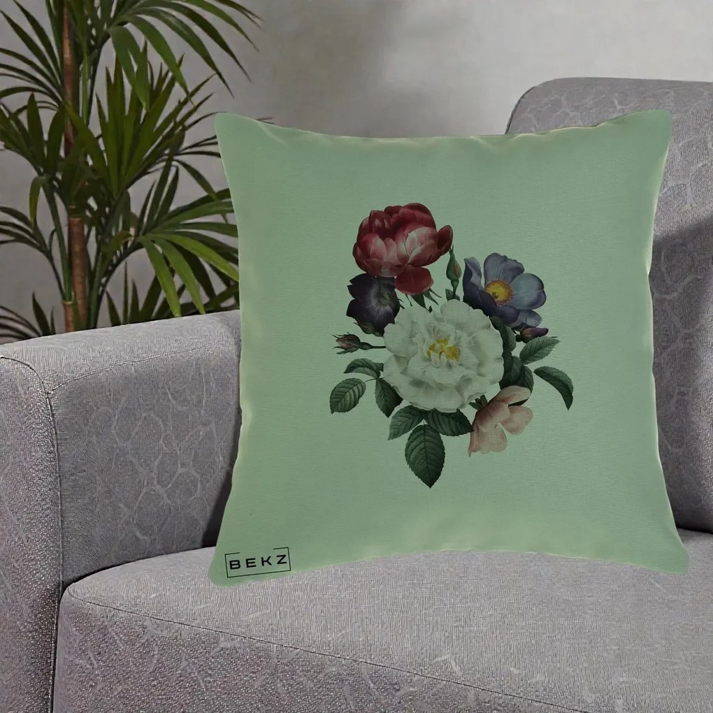 Perna Decorativa Buchet Trandafiri Bujori Botanical, 40x40 cm, Verde, Husa Detasabila, Perna Inclusa, BEKZ®