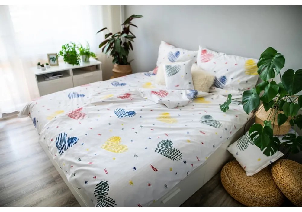 Lenjerie de pat albă din bumbac pentru pat de o persoană 140x200 cm LP Dita Graffiti Heart – Cotton House