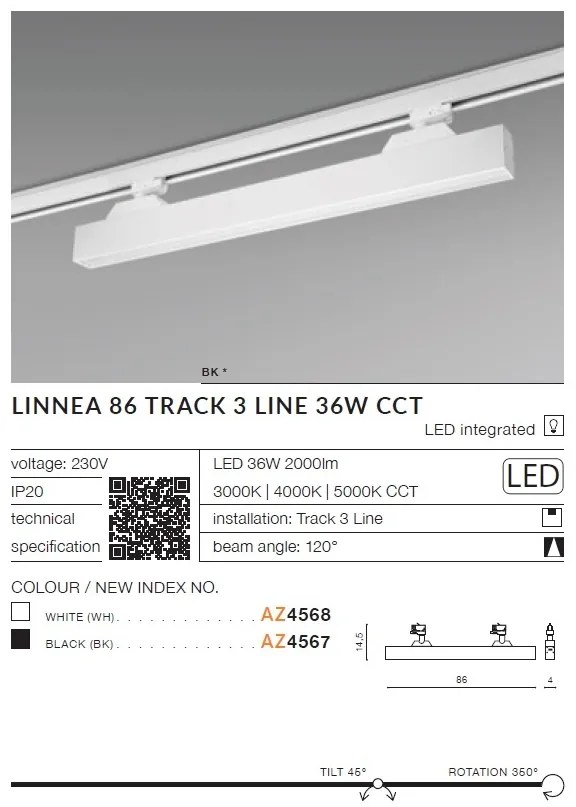 Spot LED directionabil pe sina LINNEA 86 TRACK 3Line CCT 36W alb