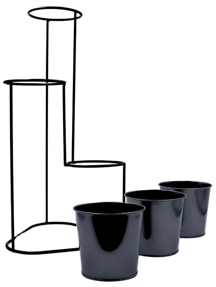 Suport pentru flori, din metal, negru, 3 ghivece, 24x22x47 cm