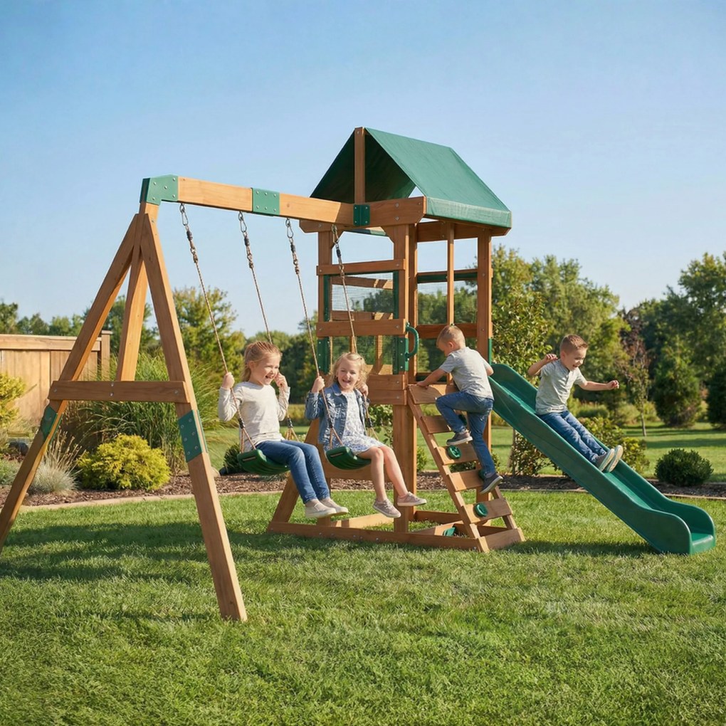 AIYAPLAY Turn de joacă Cadru de cățărat Lemn Cadru de leagăn cu tobogan 2 leagăne Perete de cățărat pentru 3-8 ani 315x284x233 cm Verde | Aosom Romania