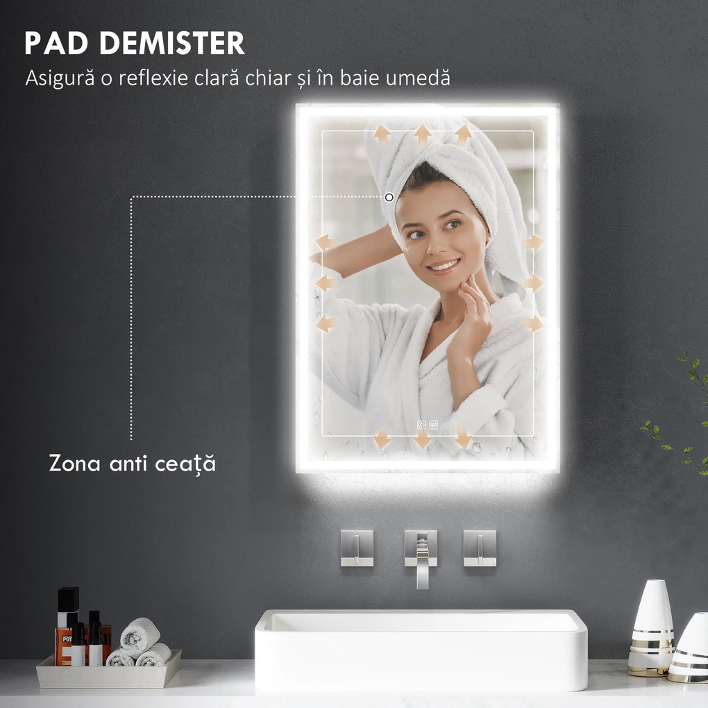 HOMCOM Dulap cu Oglindă pentru Baie cu Lumini LED și Priză pentru Aparat de Ras, Dulap Suspendat cu Funcție Anti-Ceață, Reglare Luminozitate, 3 Culori, Negru | Aosom Romania