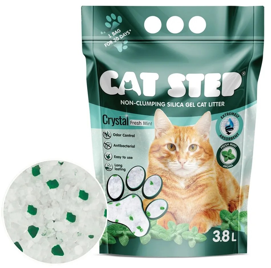 Gunoi pentru pisici cu gel de siliciu Cat Step Crystal Fresh Mint 1,67 kg, 3,8 l