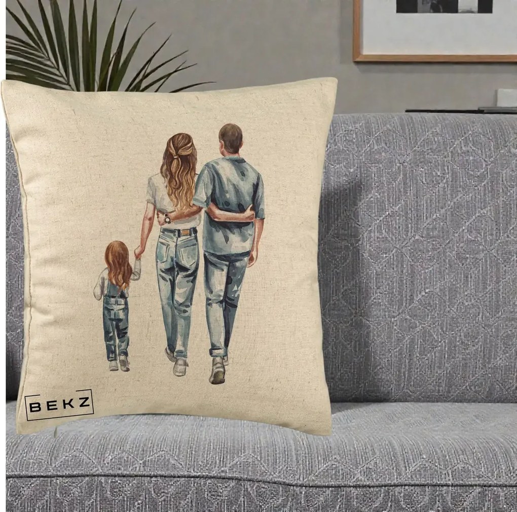 Cadou pentru Familie - Perna Personalizata Familie Acuarela Jeans, 40x40 cm, Bej, Husa Detasabila, Perna Inclusa, BEKZ®