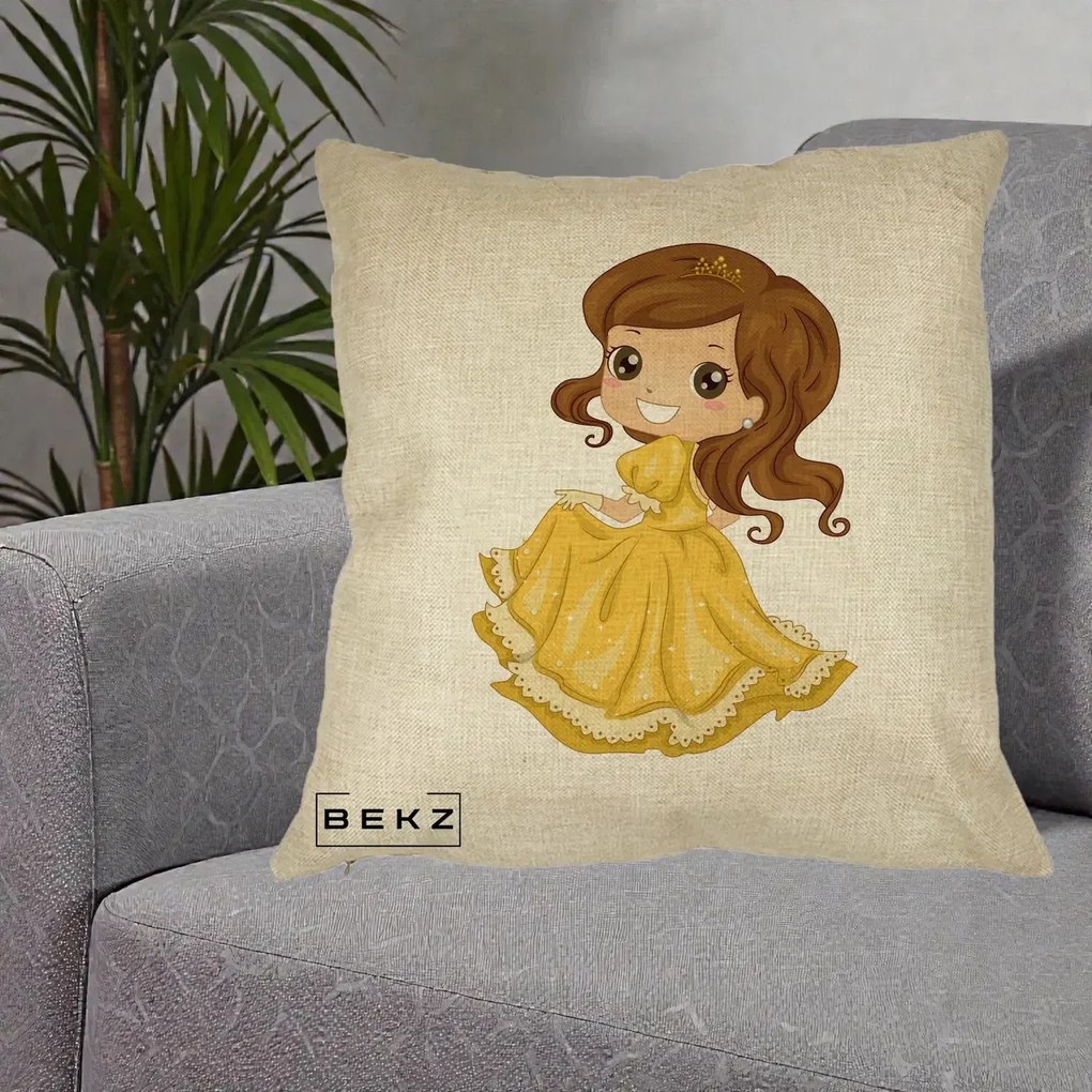 Perna Decorativa Printesa Bella Rochie Aurie, 40x40 cm, Crem, Husa Detasabila, Perna Inclusa, BEKZ®