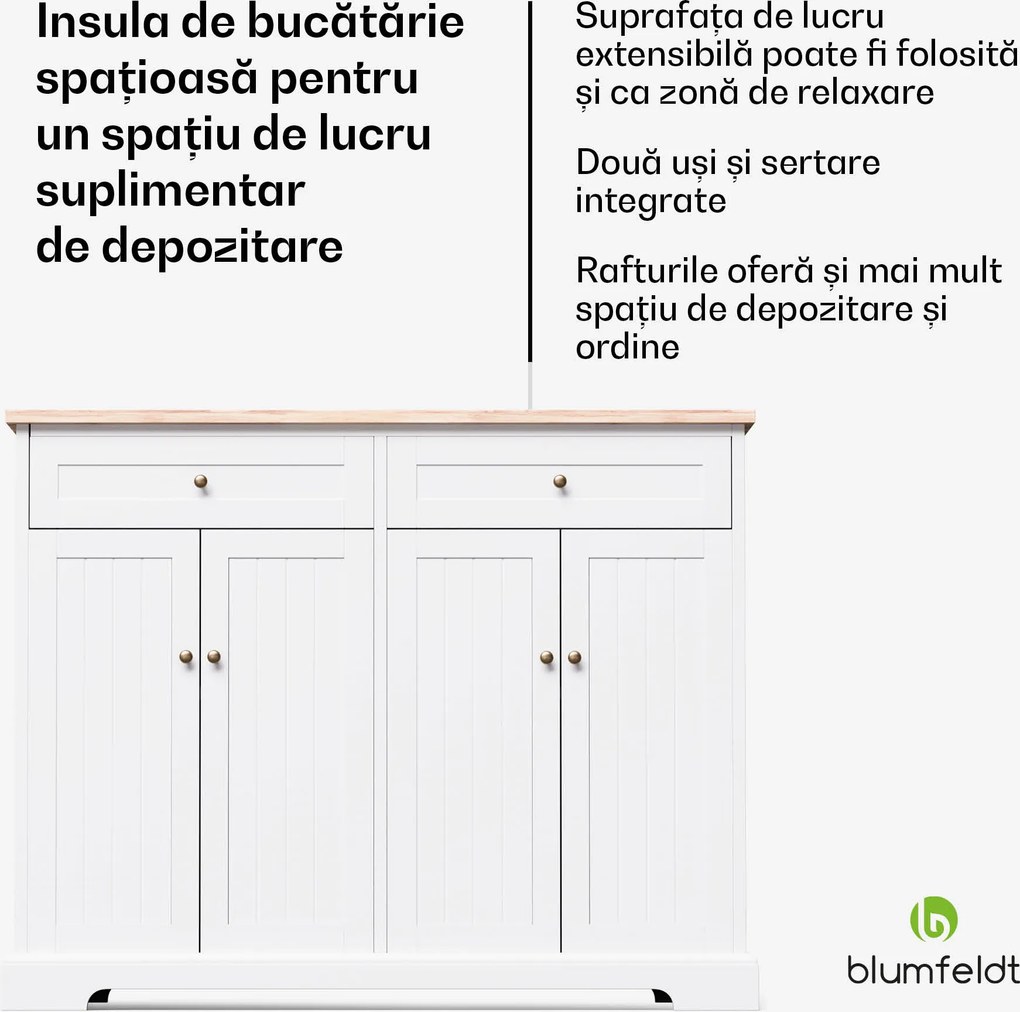Blumfeldt Etsu, insulă de bucătărie, blat extensibil, 2 sertare, 4 uși, poate fi folosit ca masă de luat masa, spațiu de depozitare, ușor de curățat