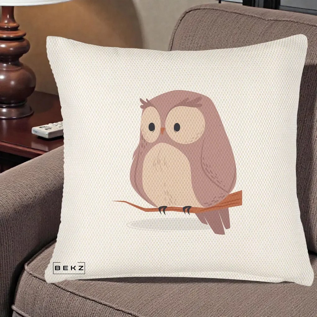 Perna Decorativa Bufnita Kawaii pe Creanga, 40x40 cm, Crem Reliefat, Husa Detasabila, Perna Inclusa, BEKZ®