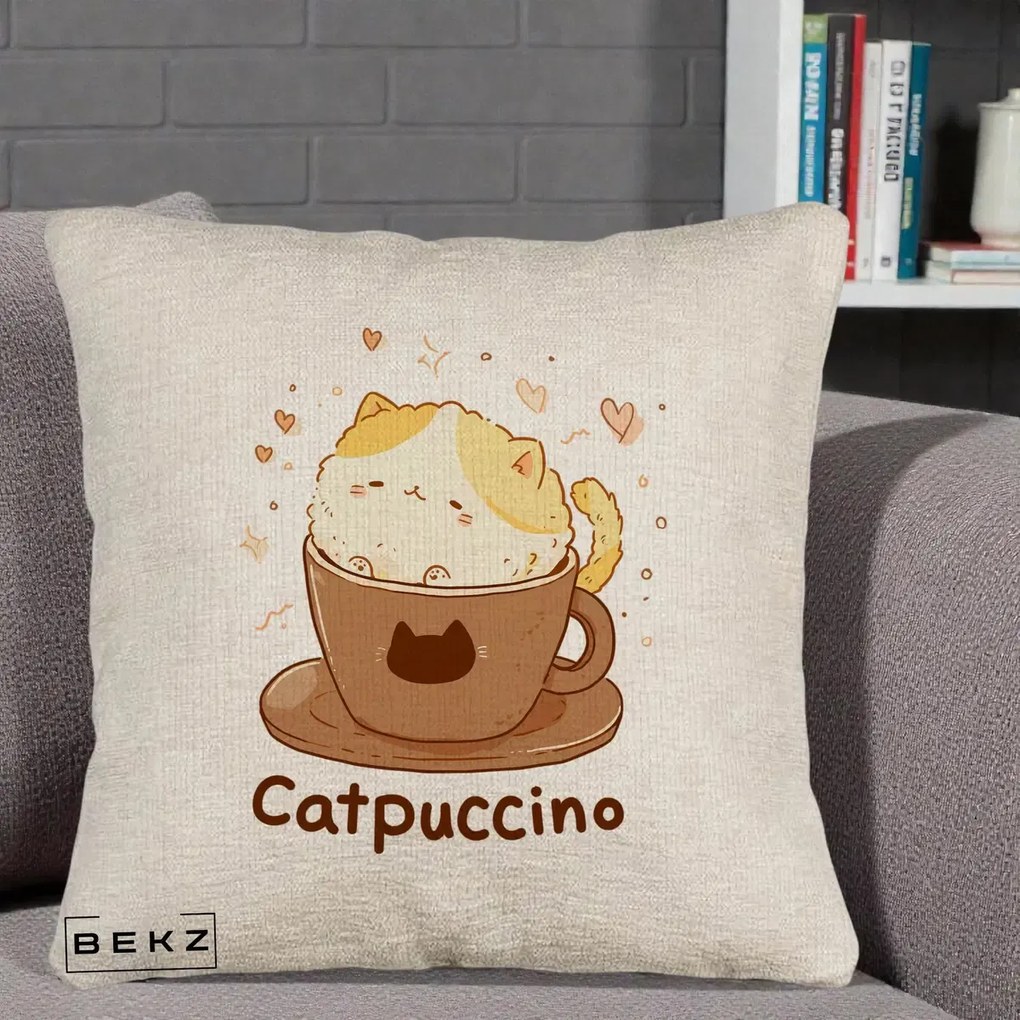 Perna Decorativa Catpuccino Pisica Cappuccino, 40x40 cm, Bej Canapea, Husa Detasabila, Perna Inclusa, BEKZ®
