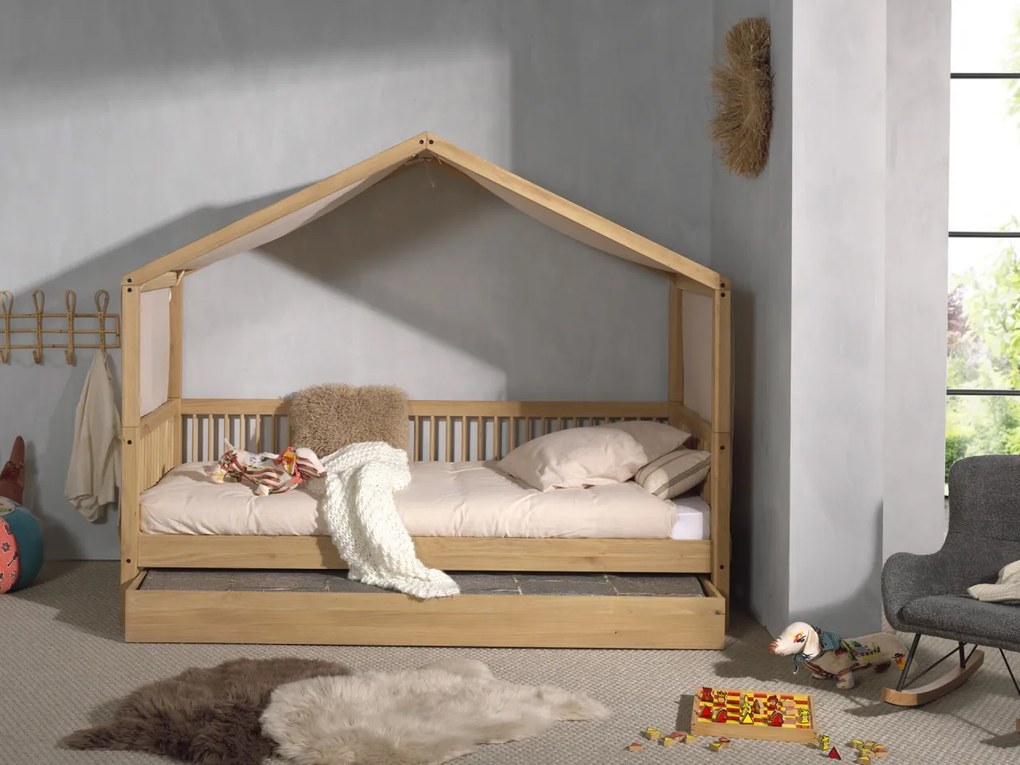 Set FORREST OAK format dintr-un Pat copii Vipack (90 x 200 cm), un sertar și un set de textile.