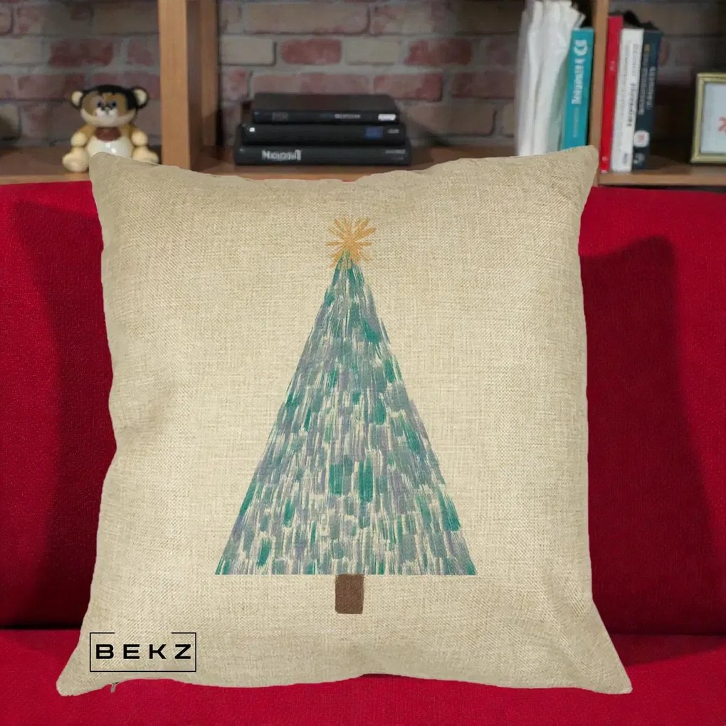 Perna Decorativa Brad de Craciun Acrilic Albastru, 40x40 cm, Crem, Husa Detasabila, Perna Inclusa, BEKZ®