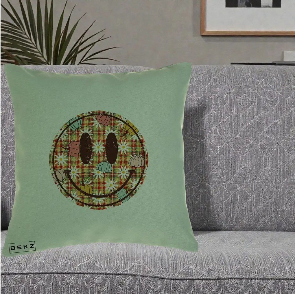 Perna Decorativa Smiley Face de Toamna cu Tartan si Dovlecei, 40x40 cm, Verde, Husa Detasabila, Perna Inclusa, BEKZ®