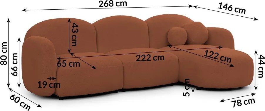 Colțar teracotă cu tapițerie din țesătură bouclé (cu colț pe partea dreaptă/cu șezlong) Orbit – Ropez