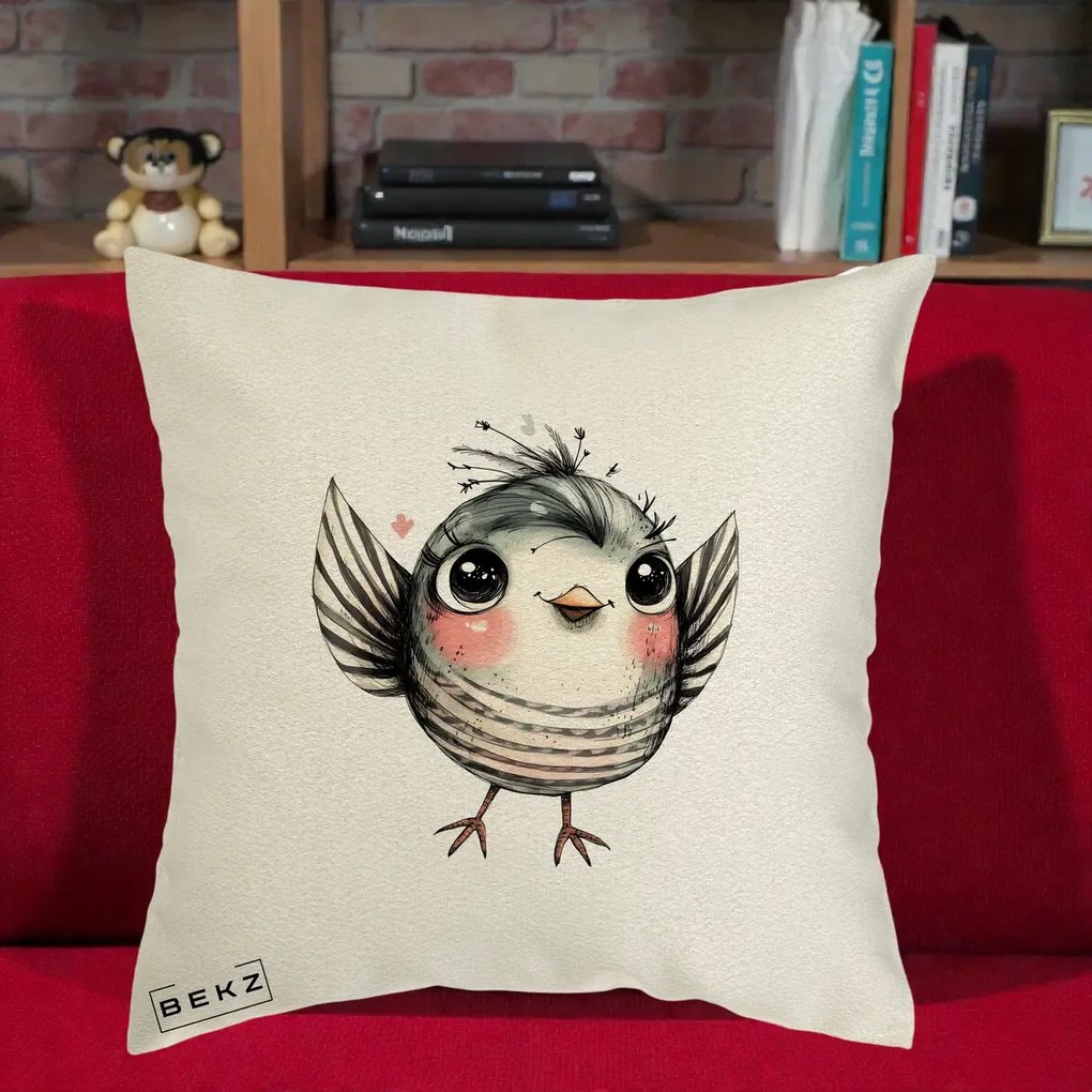 Perna Decorativa Pasare Gri cu Aripi si Inimioare, 40x40 cm, Ecru, Husa Detasabila, Perna Inclusa, BEKZ®