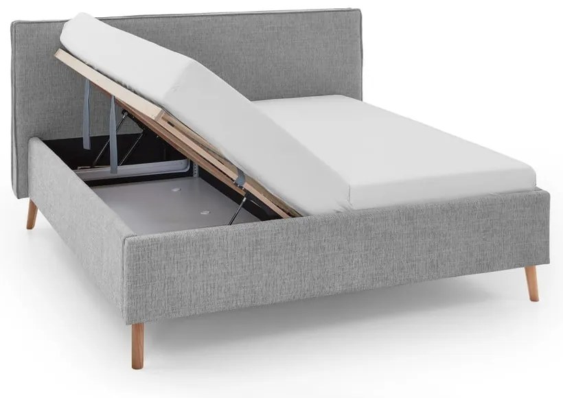 Pat matrimonial gri deschis tapițat cu spațiu de depozitare cu somieră 180x200 cm Riva – Meise Möbel