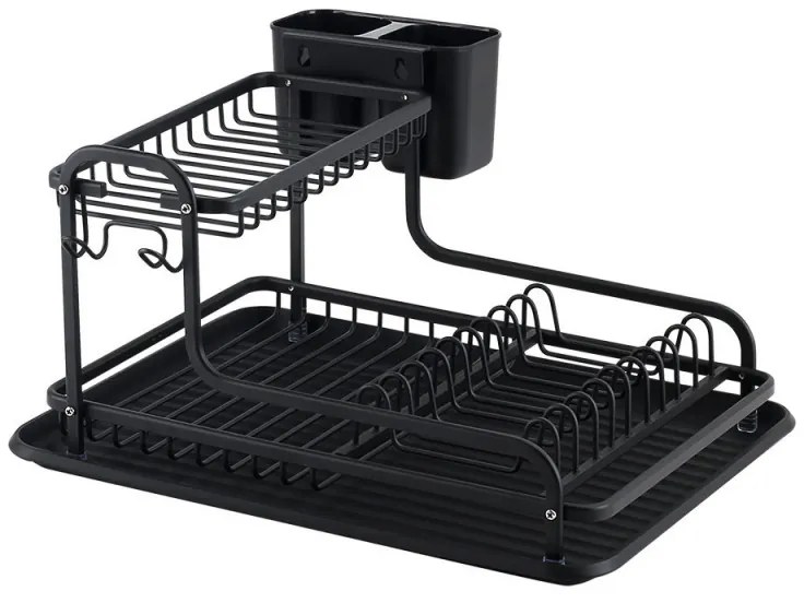 Uscător de vase Luigi Ferrero FR-4028AD, 43x38.5x22 cm, 2 niveluri, Tavă de scurgere, Antiderapant, Suporturi, Negru