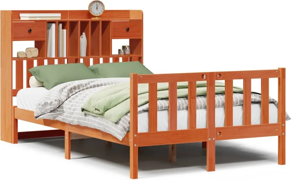 vidaXL Pat cu bibliotecă fără saltea maro 135x190 cm lemn masiv de pin
