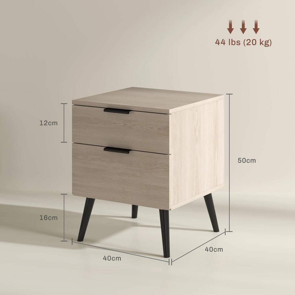 HOMCOM Set de 2 Noptiere cu 2 Sertare pentru Dormitor sau Camera de Zi, 40x40x50 cm, Lemn Natural | Aosom Romania