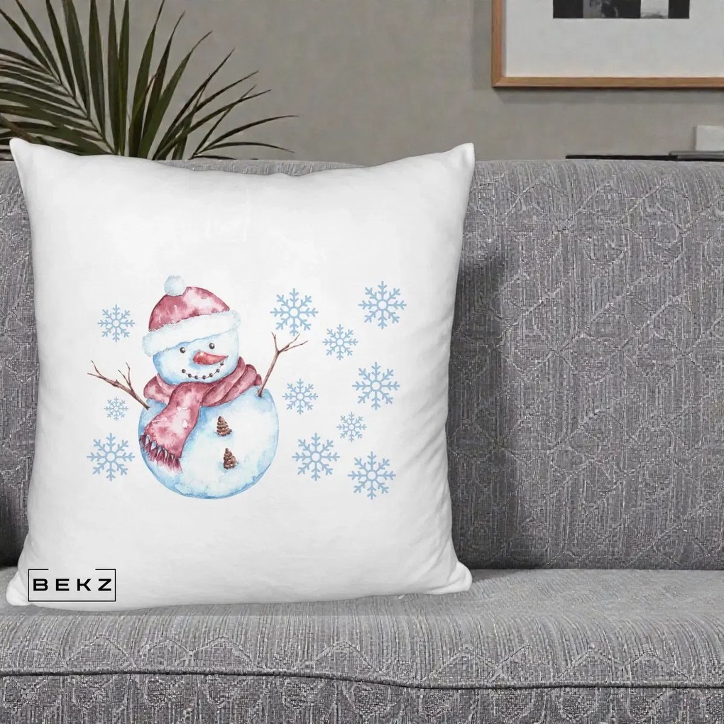 Perna Decorativa Om de Zapada Rosu cu Fulgi, 40x40 cm, Alb Pufos, Husa Detasabila, Perna Inclusa, BEKZ®