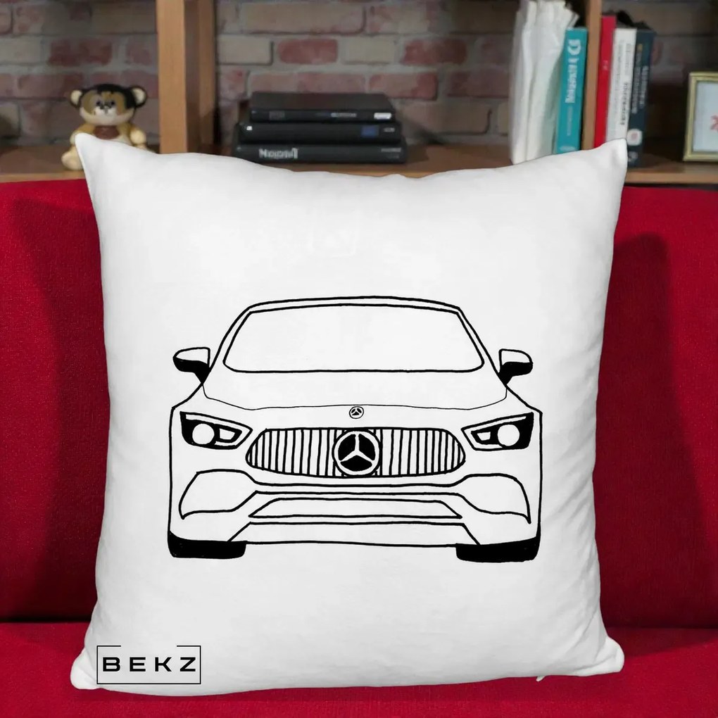 Perna Personalizata Mercedes-Benz Fata Linie, 40x40 cm, Alb Pufos, Husa Detasabila, Perna Inclusa, BEKZ®