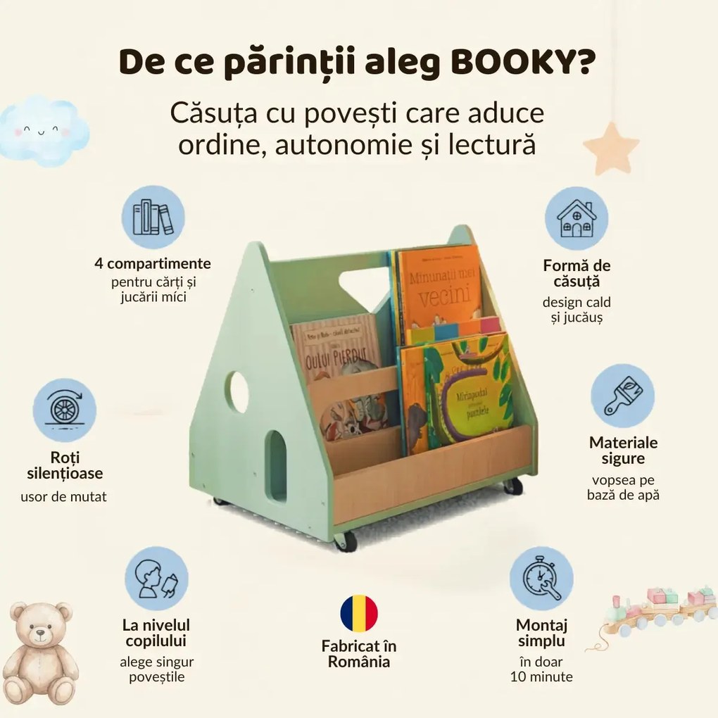Biblioteca Montessori cu roti, in forma de casuta BOOKY Pearl White