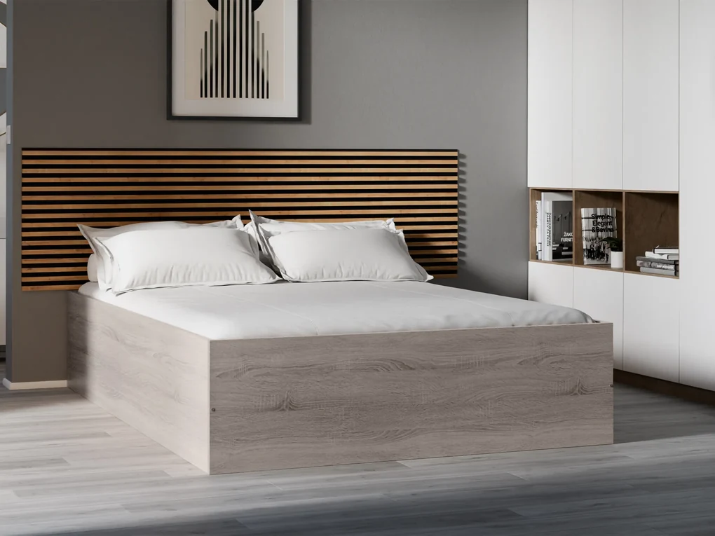 Pat BELLA 140 x 200 cm, stejar trufa Saltele: Cu saltele Somnia 18 cm, Somiera pat: Cu lamele drepte