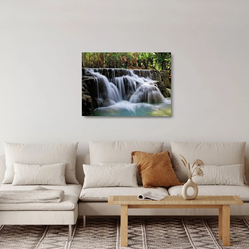 Tablou pe sticlă - Cascadă în junglă (70x50 cm)