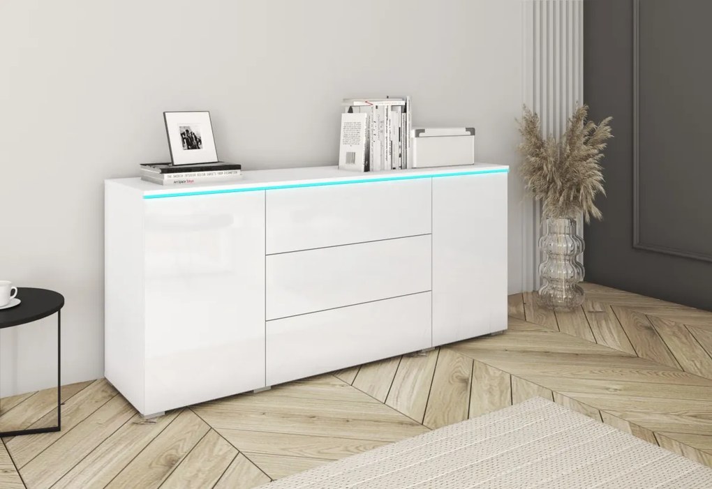 Expedo Comoda AMALIE, 150x68x39,5, stejar wotan/alb luciu + LED