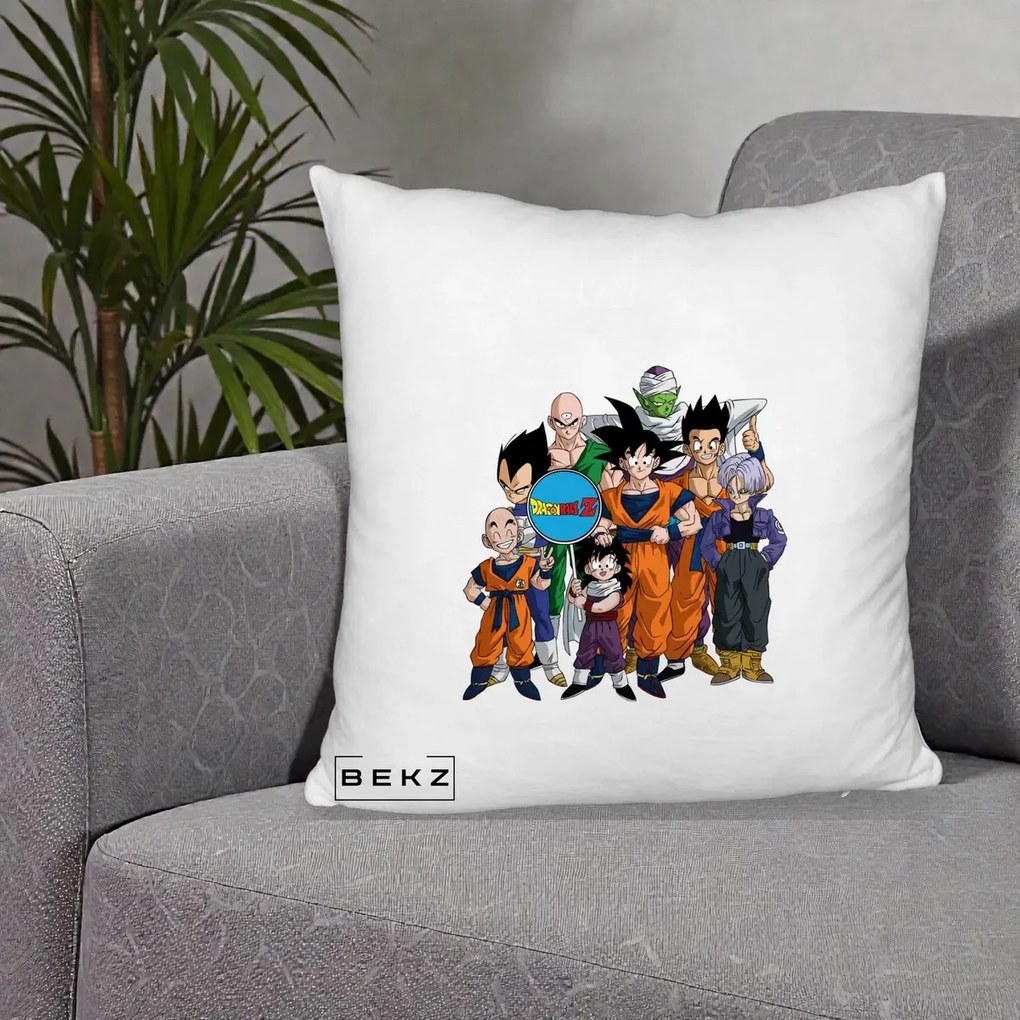 Perna Personalizata Dragon Ball Z Grup Complet, 40x40 cm, Alb Pufos, Husa Detasabila, Perna Inclusa, BEKZ®