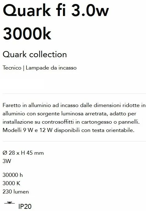 Mini Spot LED incastrabil Quark fi 3.0w 3000k, Alb