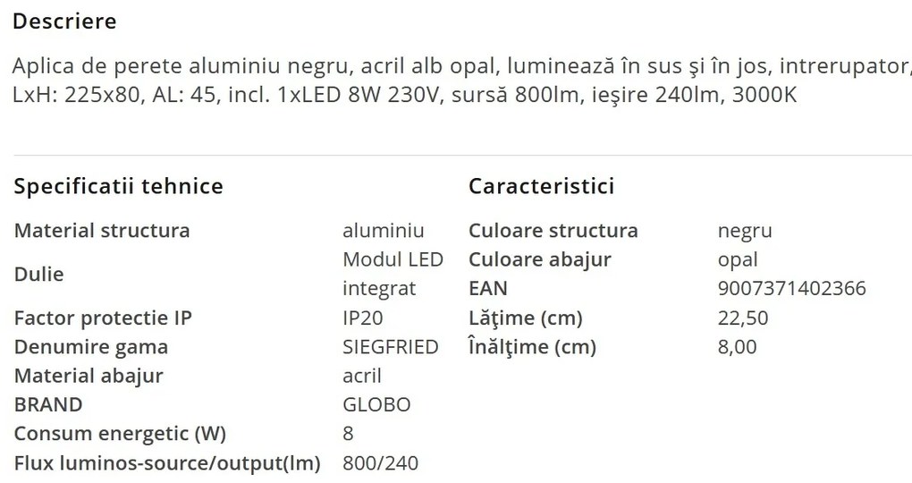 Aplica LED cu iluminat ambiental sus/jos SIEGFRIED negru 8W