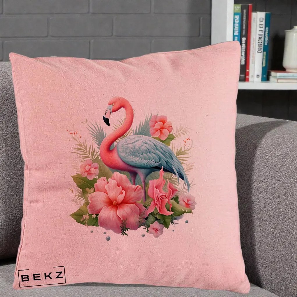 Perna Decorativa Flamingo cu Hibiscus Tropical, 40x40 cm, Roz, Husa Detasabila, Perna Inclusa, BEKZ®