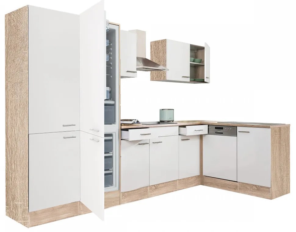 Mobilă de bucătărie de colț Yorki 340, corp din stejar sonoma, față alb satinat, dulap cu rafturi și frigider congelator inferior