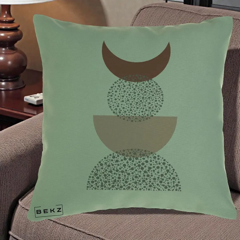 Perna Decorativa Boho Luna Plina si Forme Punctate, 40x40 cm, Verde, Husa Detasabila, Perna Inclusa, BEKZ®