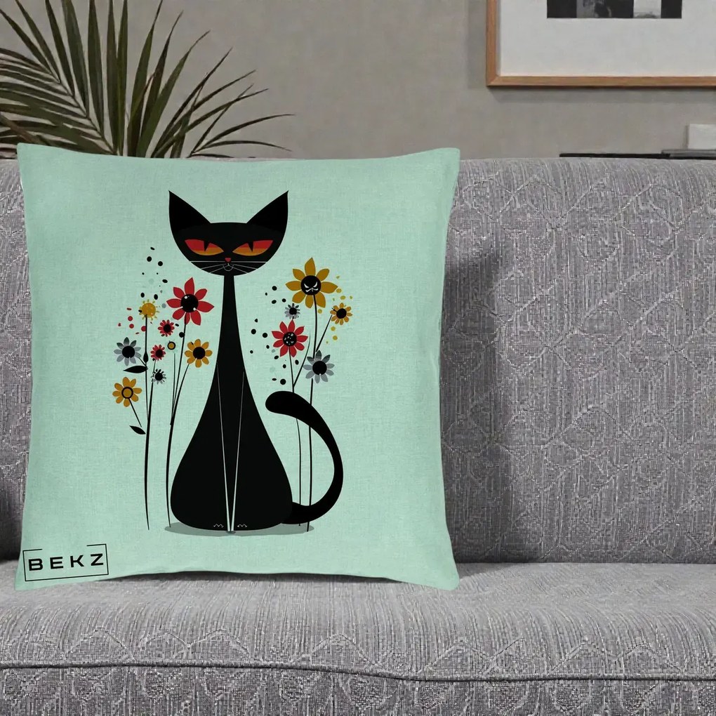 Perna Decorativa Pisica Neagra Ochi Rosii Flori, 40x40 cm, Verde Menta, Husa Detasabila, Perna Inclusa, BEKZ®