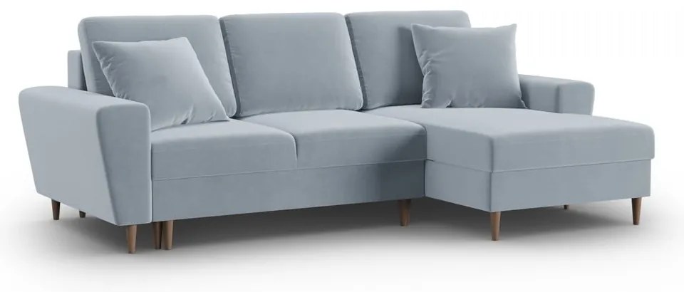 Colțar albastru deschis extensibil, cu spațiu de depozitare cu tapițerie din catifea (cu colț pe partea dreaptă, cu șezlong) Kyoto – Cosmopolitan Design