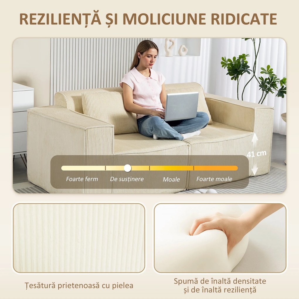 HOMCOM Canapea 3 Locuri Extra Profundă 65 cm, Modulară Fără Structură cu Perne Groase, Cotiere Largi și 2 Perne, Sofá Modern din Catifea pentru Living și Sufragerie, Bej | Aosom Romania