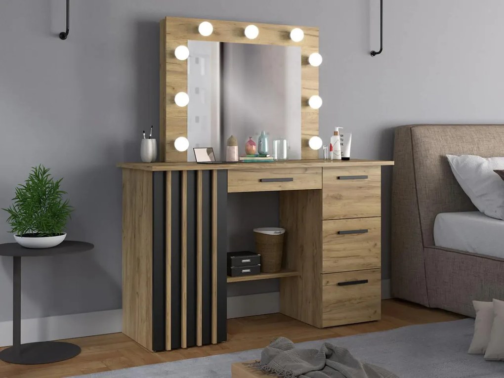 Masuta machiaj culoarea Stejar, cu Oglinda LED si 4 Sertare pentru Cosmetice, Set Masa toaleta 120 cm, Stejar, masuta vanity cu Riflaj, cosmetica -