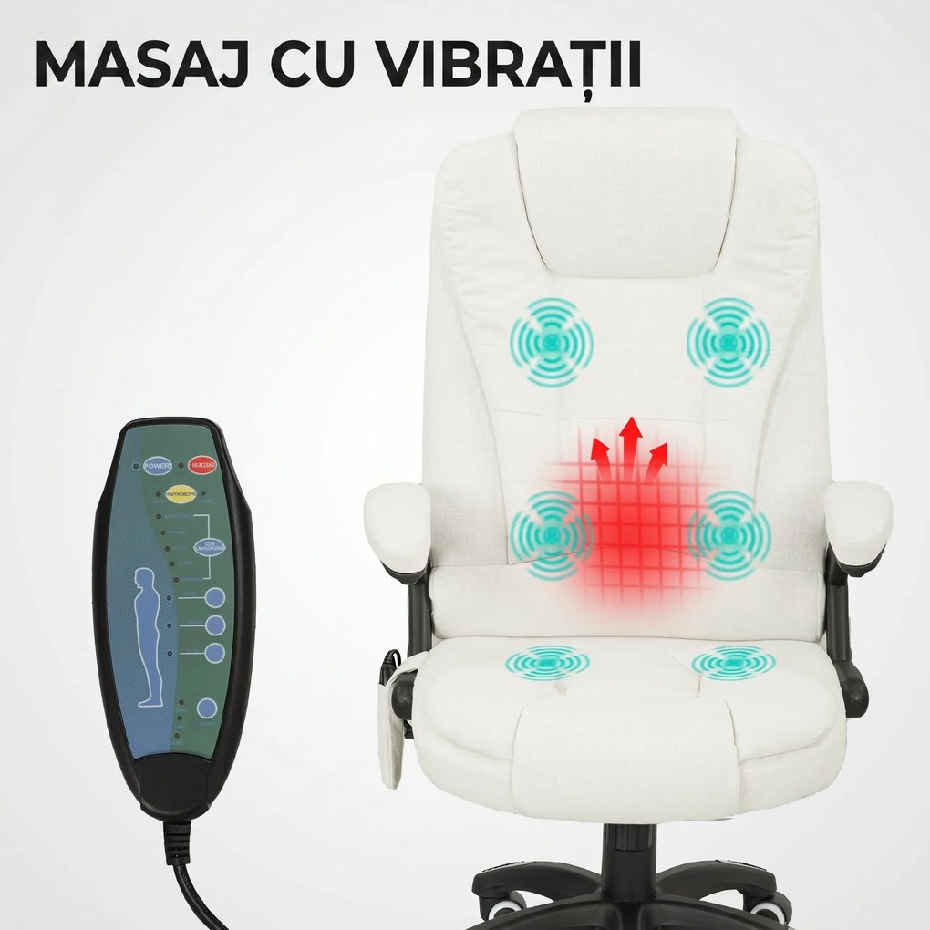 Vinsetto Scaun de Birou Reclinabil cu Masaj, Înălțime Reglabilă, Telecomandă, Textil cu Aspect de In, Crem | Aosom Romania