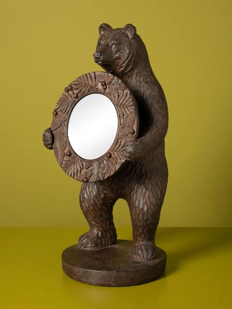 Oglindă de masă din rășină, maro, urs în picioare ținând o oglindă rotundă, ramă cu frunze în relief, finisaj antichizat, 37 x 17 x 16,5 cm, „Brienz”
