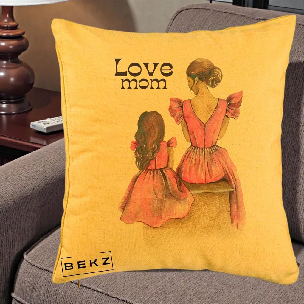 Cadou pentru Mama - Perna Personalizata Love Mom Rochii Roz, 40x40 cm, Galben, Husa Detasabila, Perna Inclusa, BEKZ®
