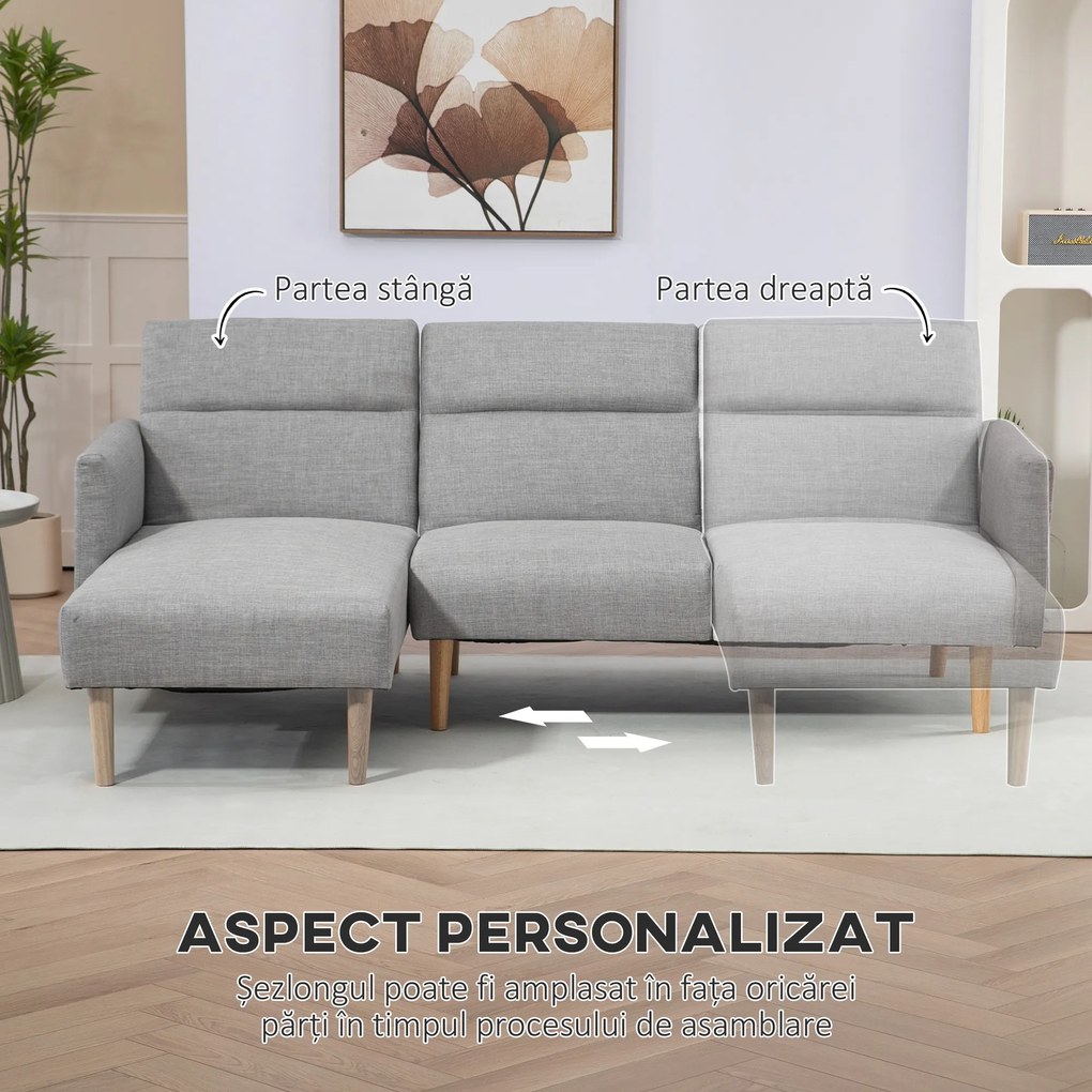 HOMCOM Canapea Extensibila cu 3 Locuri, Canapea pe Colt din Tesatura Gri cu Spatar Reglabil, Stil Scandinav, 207x146x80cm | Aosom Romania